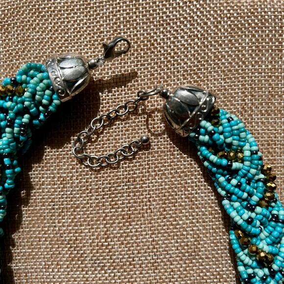 Turquoise and Gold Beaded Chocker Rope-Twist Beaded Necklace 19" - Picture 12 of 13